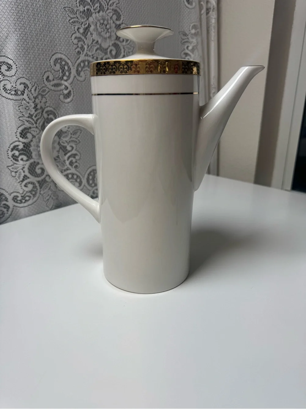 Vintage Sango White and Gold Porcelain Coffee/Tea Pot with Decorative Band